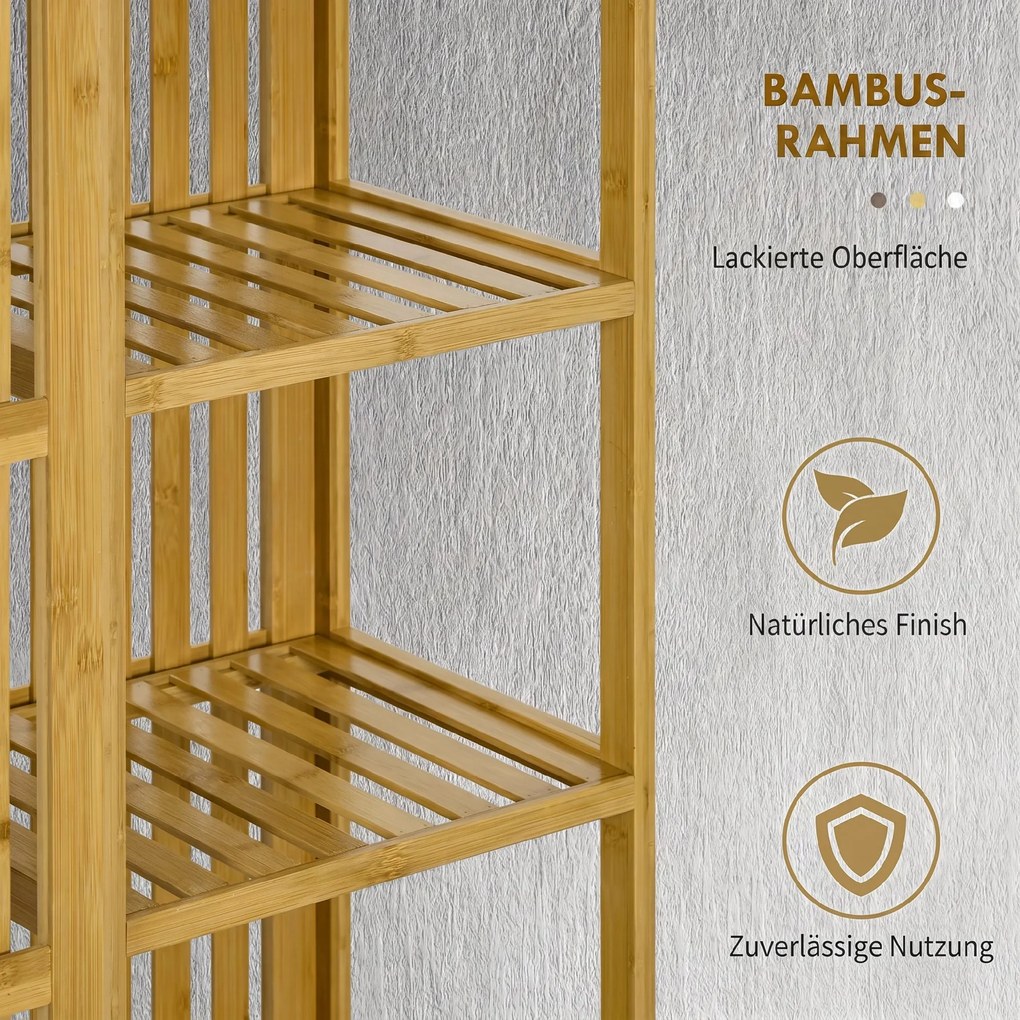 HOMCOM Dulap Deschis din Bambus cu 2 Uși Glisante, Garderobă cu Rafturi și Bară de Haine, 145x35x165 cm, Lemn Natural | Aosom Romania