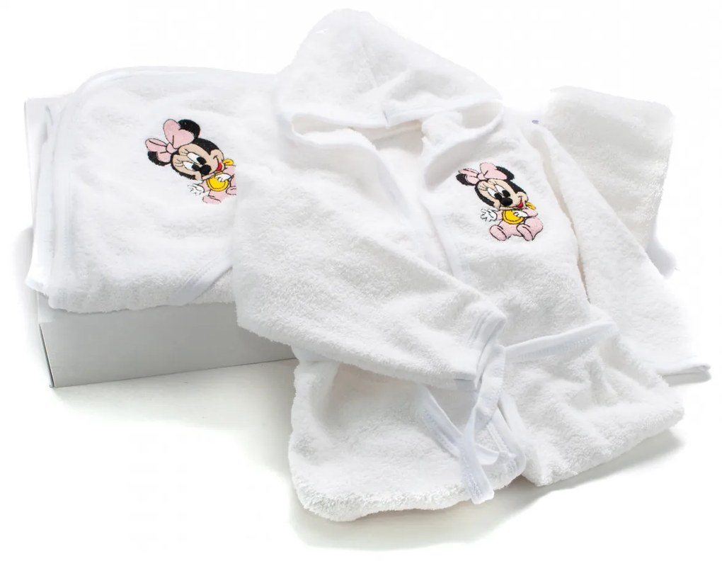 Set de baie pentru bebelusi, cu 3 piese, brodat cu Minnie Mouse, Alb- SDB-11