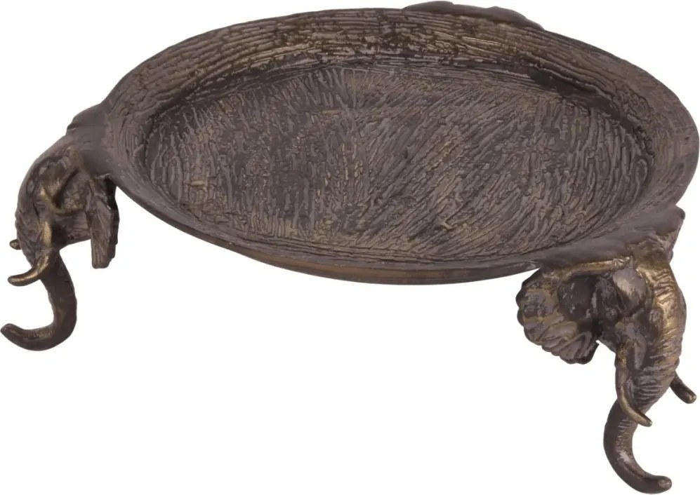 Tavă rotundă din aluminiu, aurie, pe picioare în formă de cap de elefant, stil colonial, finisaj antichizat, 12 x 33 cm, „Jodhpur”