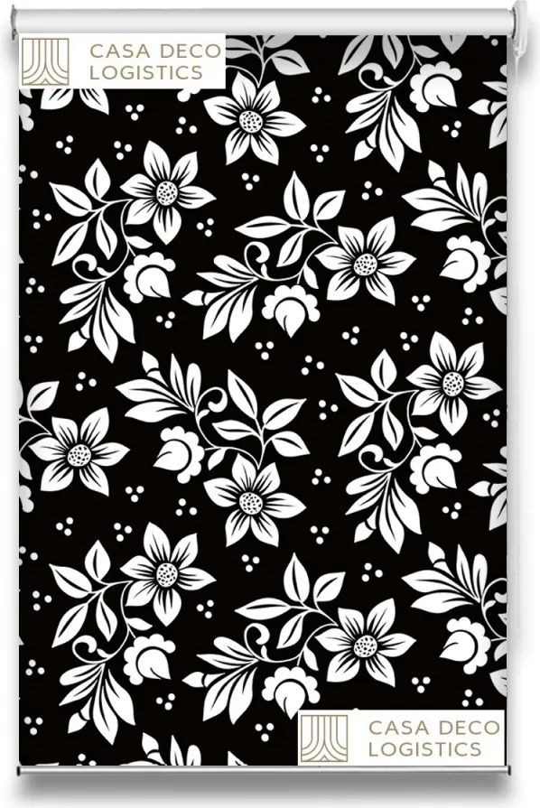 Roletă textilă Floral 8013 neagră cu model floral alb