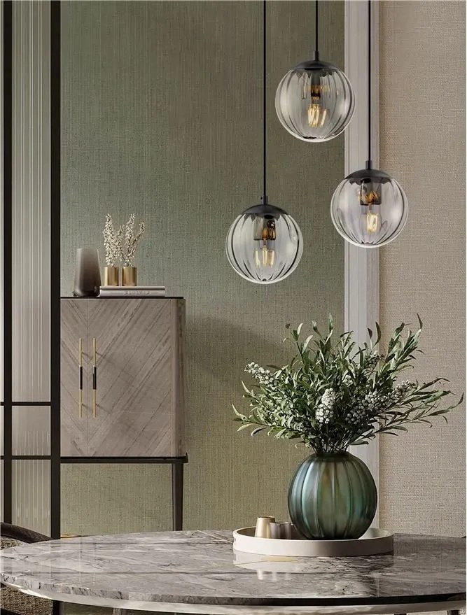 Lustra moderna cu 3 pendule, Metal, Negru, Sticla, Fumurie, ABBACUS