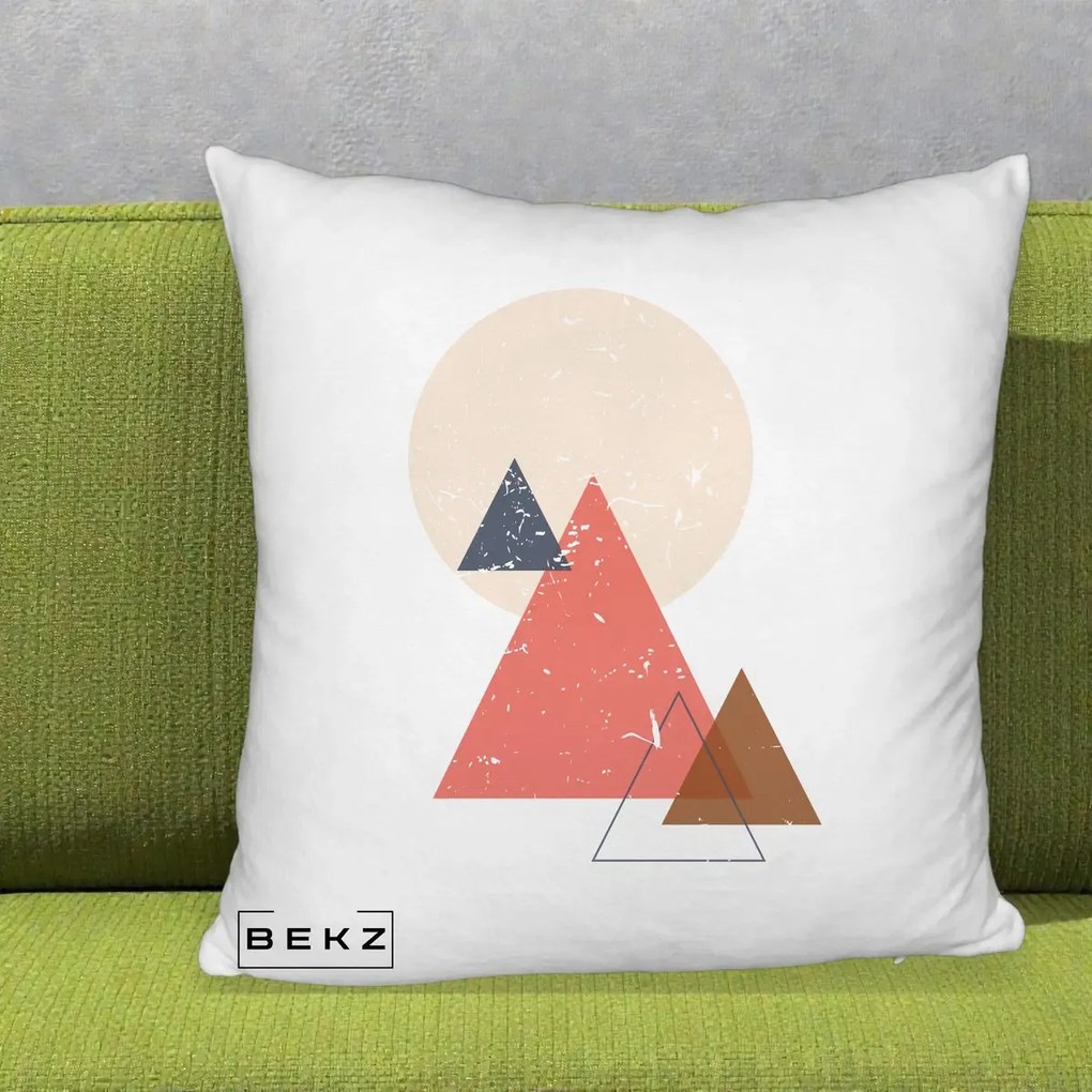 Perna Decorativa Geometric Munti si Soare, 40x40 cm, Alb Pufos, Husa Detasabila, Perna Inclusa, BEKZ®