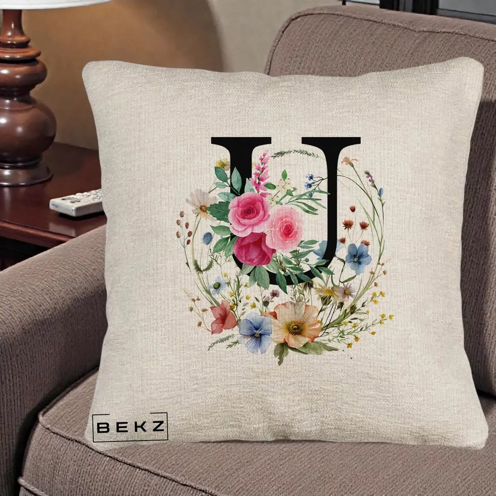 Cadou Personalizat - Perna Personalizata Monogram Litera U cu Flori Acuarela, 40x40 cm, Bej Canapea, Husa Detasabila, Perna Inclusa, BEKZ®