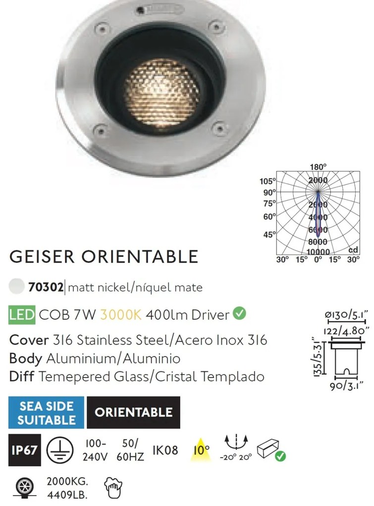 Spot LED orientabil / incastrabil de exterior pentru pavaj 13cm GEISER 7W