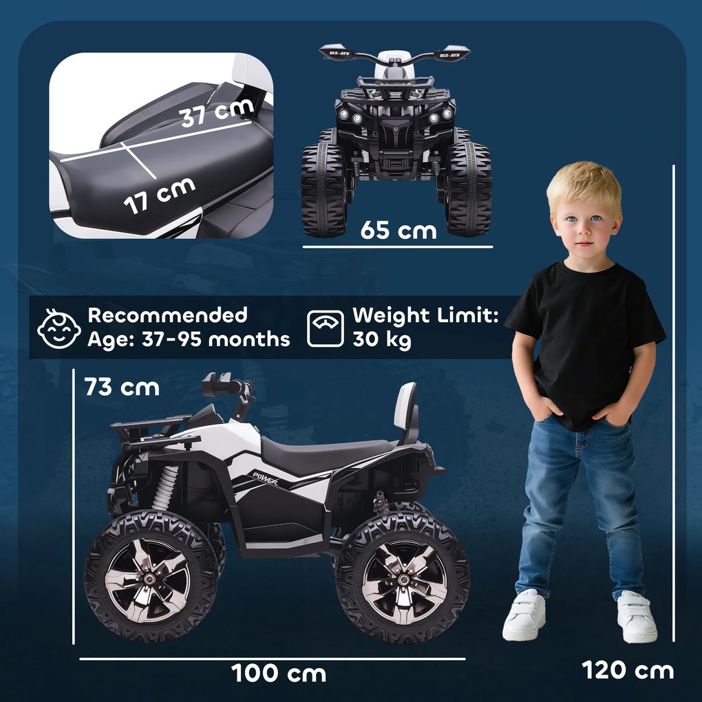 HOMCOM Quad Electric pentru Copii 3-5 Ani 12V, 3-8km/h Mini Quad pentru Copii cu 2 Motoare, Muzică, MP3, Conector USB, Card TF, Faruri și Pedală, Alb | Aosom Romania