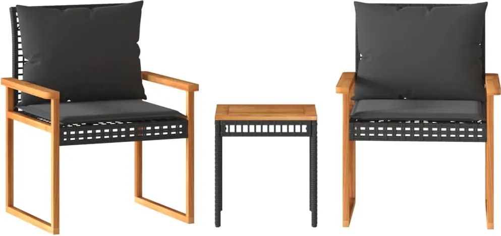 vidaXL Set bistro cu perne, 3 piese, negru, poliratan și lemn acacia