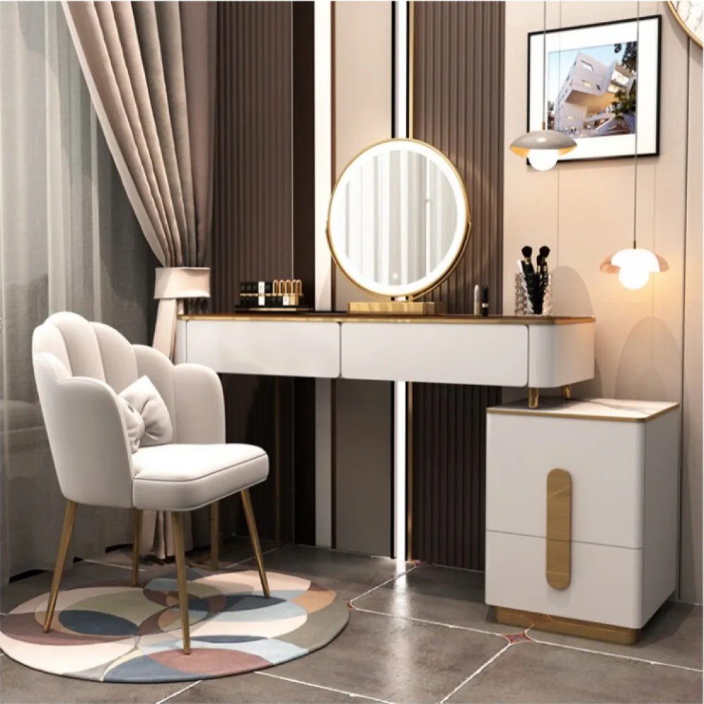 RESIGILAT Set Rochelle, Masă de toaletă pentru machiaj cu oglindă iluminată LED, control touch, 4 sertare, comoda, scaun, Alb/Auriu,