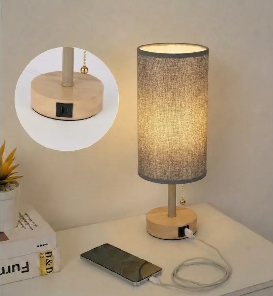 Brilagi - Lampă de masă TABLON cu port USB, 1xE27/25W/230V, stejar/bej/gri