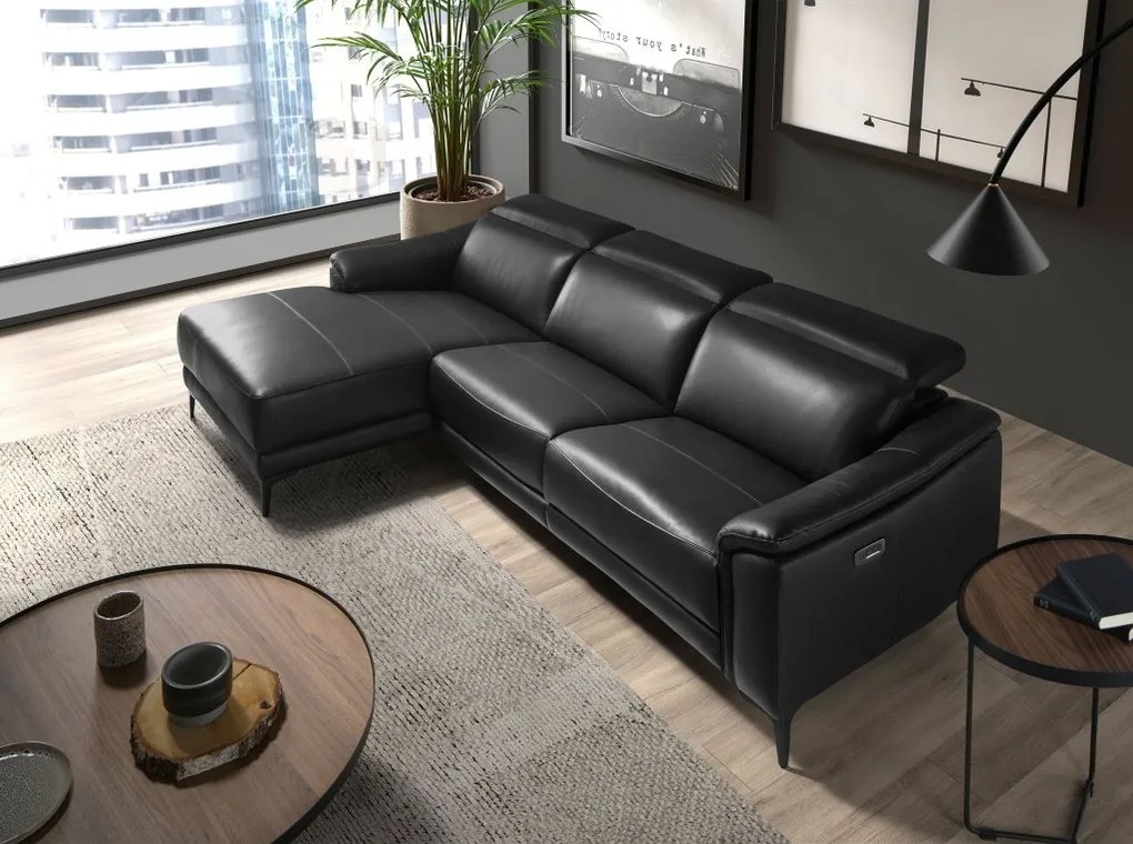 Coltar LUX design italian cu sezlong stanga si functia relax Cowhide negru