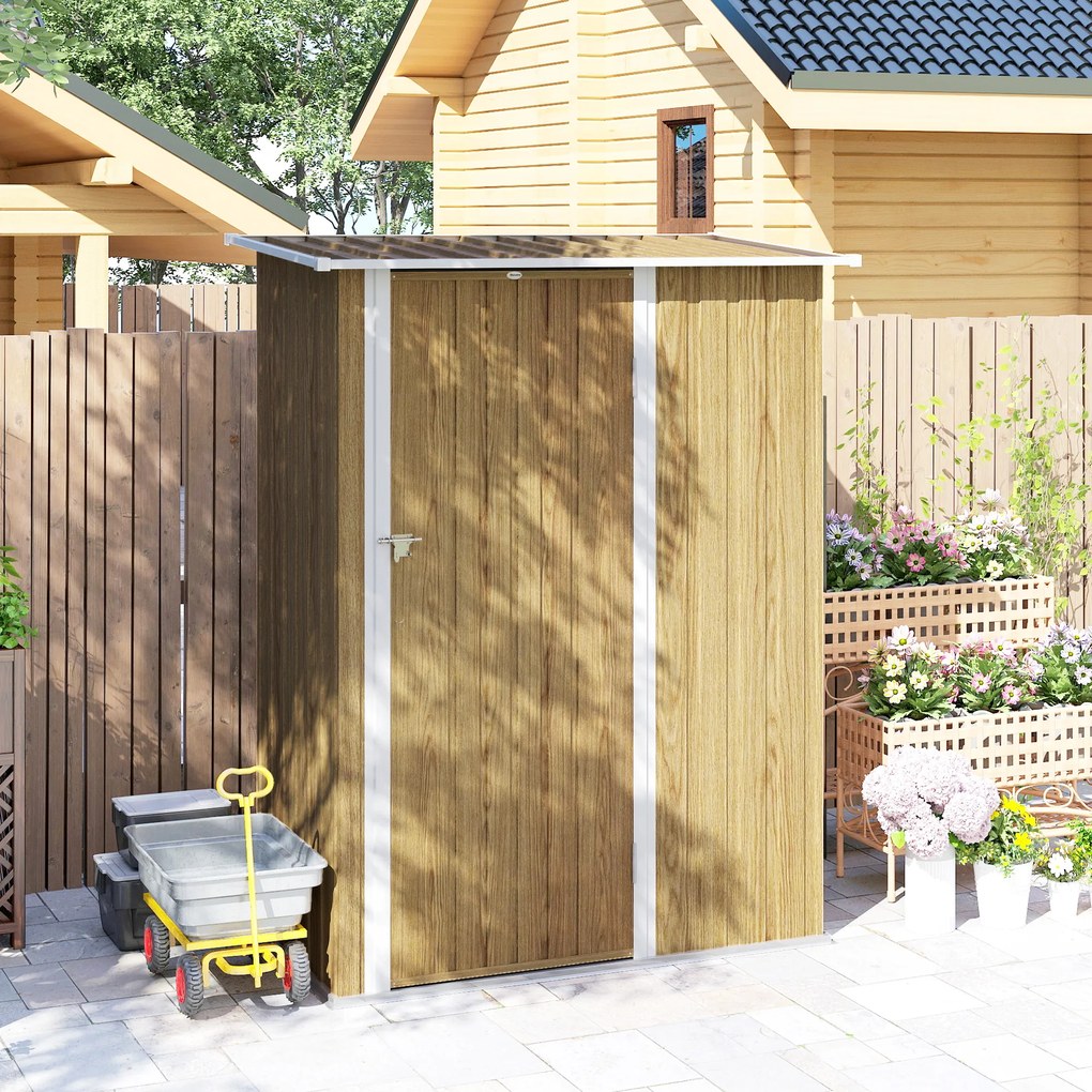 Outsunny Căsuță pentru Grădină 1.07m² din Oțel Galvanizat, Căsuță pentru Unelte cu Ușă Blocabilă, Acoperiș Înclinat, 142x86x189 cm, Imitatie Lemn | Aosom Romania
