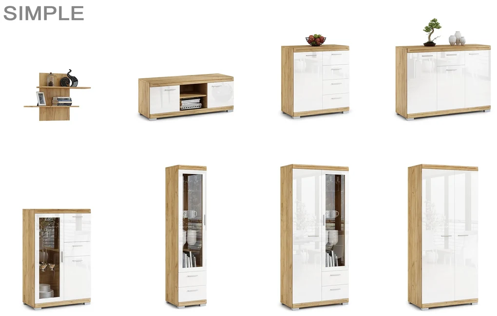 Mazzoni Comodă lată SIMPLE KD3SZ1 Stejar Craft Auriu/Alb Luciu - DULAP CU RAFTURI PENTRU LIVING