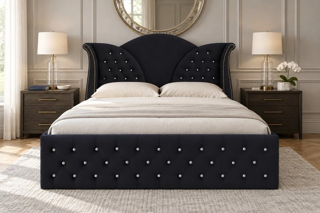 Pat tapițat Chesterfield din catifea Velora Cristal 140×200 cm, negru, cu ladă de depozitare