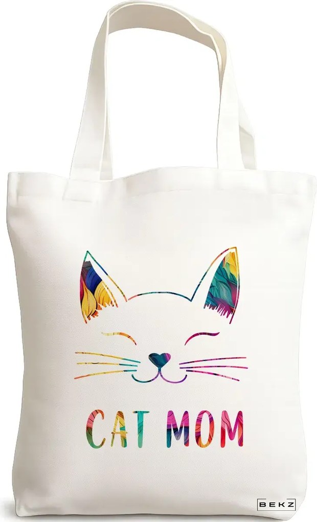 Sacosa de Panza pentru Cumparaturi, Geanta Tote, model Cat Mom, 38x34.5 cm, Alba, BEKZ®