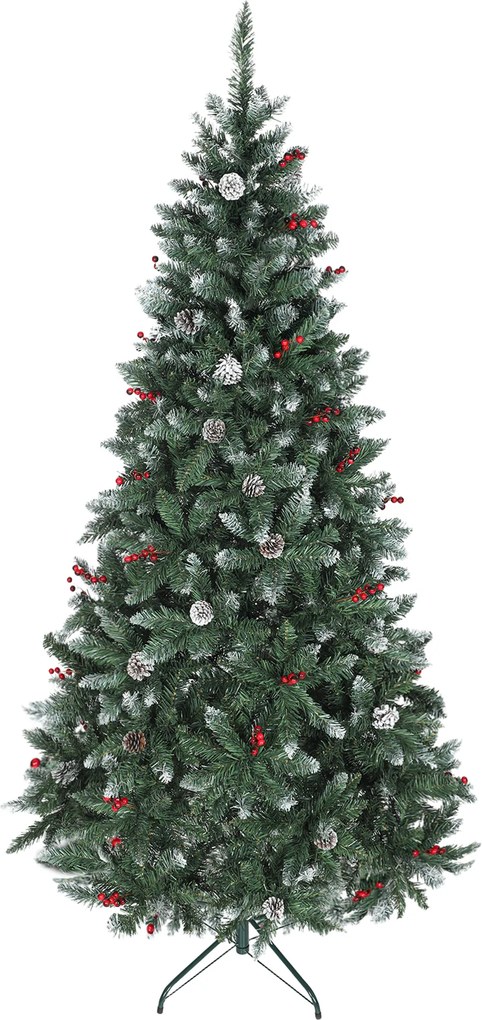 HOMCOM Brad de Crăciun Înalt de 210 cm cu 928 de Ramuri, Brad Artificial de Interior cu Conuri și Boabe Roșii Decorative, Bază Metalică, Verde | Aosom Romania