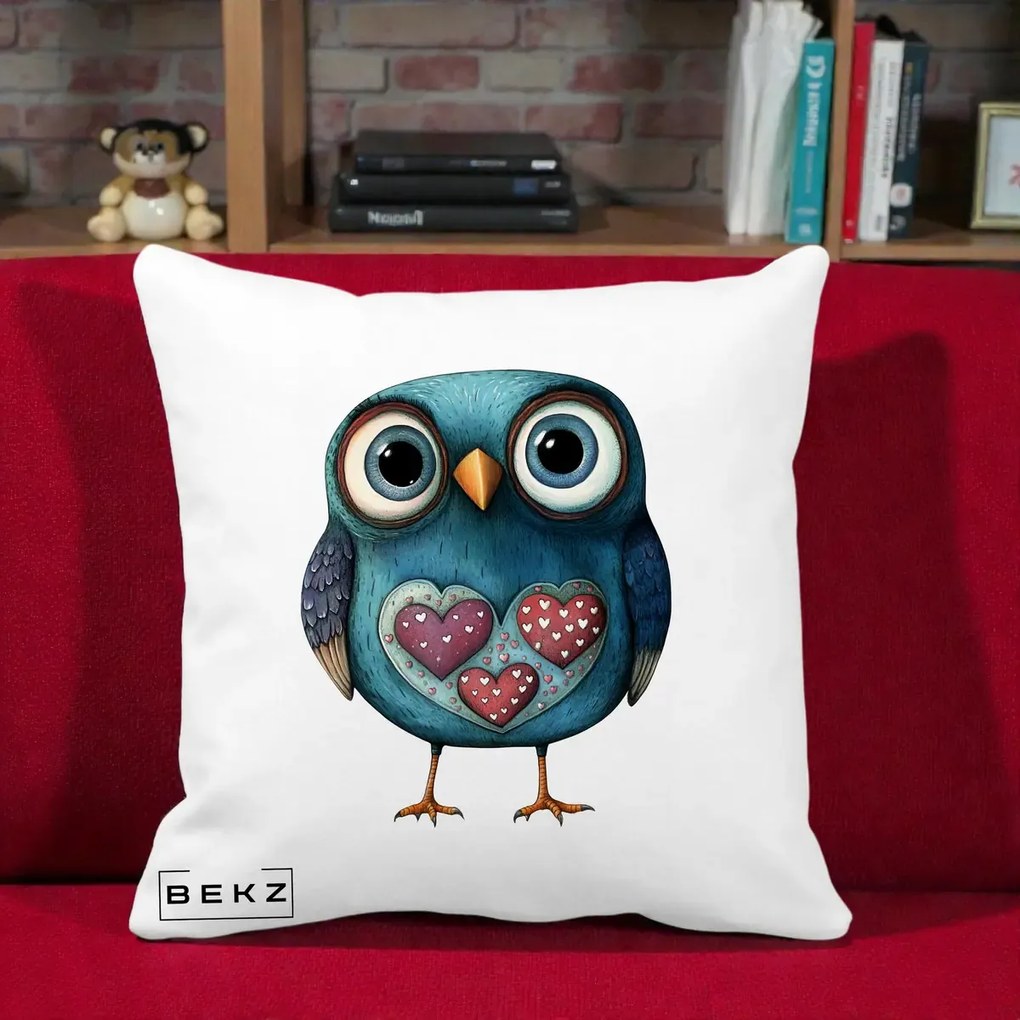 Perna Decorativa Bufnita Teal cu Doua Inimi, 40x40 cm, Alba Mata, Husa Detasabila, Perna Inclusa, BEKZ®