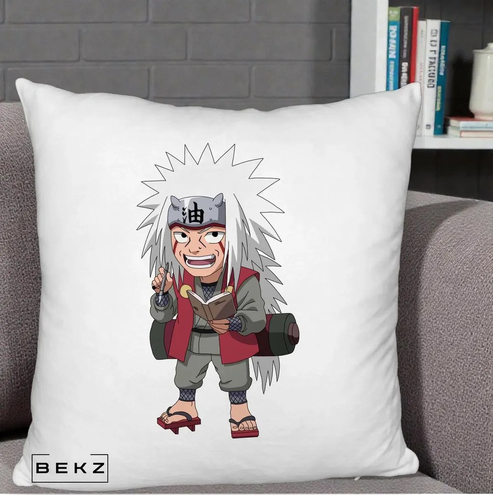 Perna Personalizata Naruto Jiraiya Sensei Chibi, 40x40 cm, Alb Pufos, Husa Detasabila, Perna Inclusa, BEKZ®