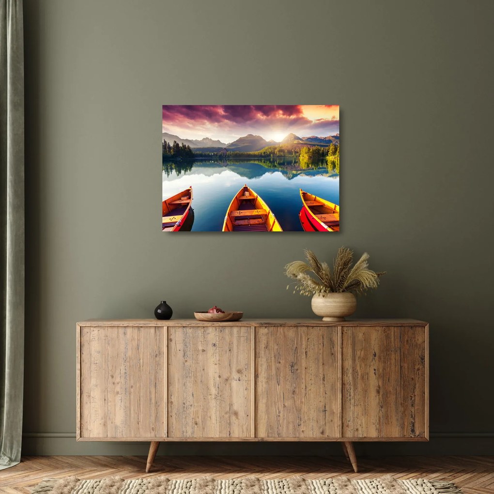 Tablou pe sticlă - Lac cu bărci (70x50 cm)