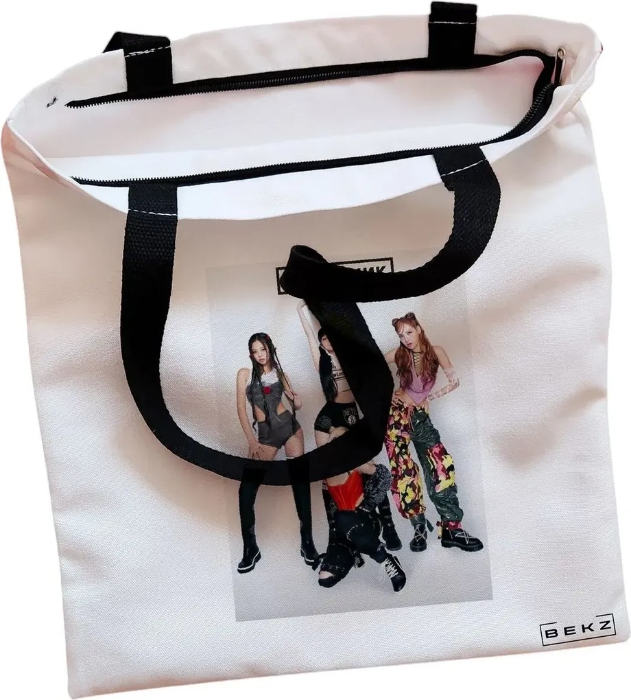 Sacosa de Panza pentru Cumparaturi, Geanta Tote, model Blackpink 4, Cu fermoar, 38x34.5 cm, Alba, BEKZ®
