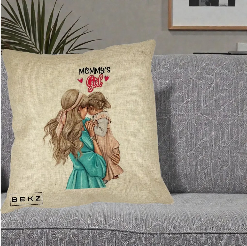 Cadou pentru Mama - Perna Personalizata Mommy's Girl Mama si Fetita, 40x40 cm, Crem, Husa Detasabila, Perna Inclusa, BEKZ®