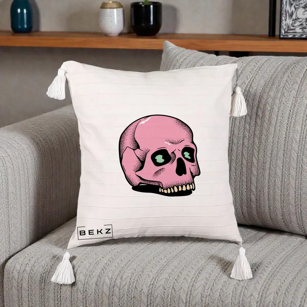Perna Decorativa Craniu Roz Tatoo Art Halloween, 40x40 cm, Bej cu Franjuri, Husa Detasabila, Perna Inclusa, BEKZ®