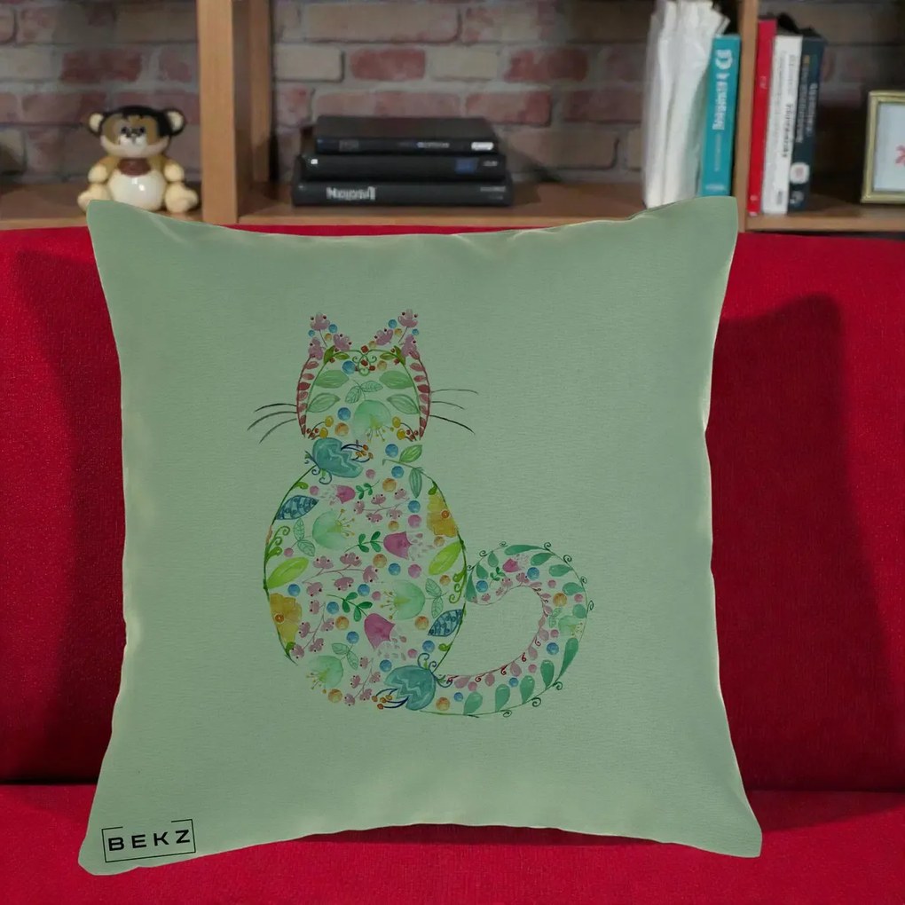 Perna Decorativa Pisica Florala Acuarela, 40x40 cm, Verde, Husa Detasabila, Perna Inclusa, BEKZ®