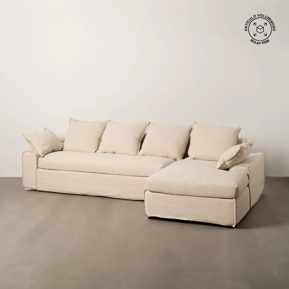 Colțar crem cu tapițerie din in (cu colț pe partea dreaptă, cu șezlong) – Ixia