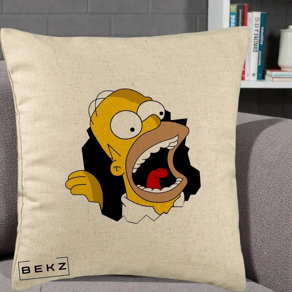 Perna Personalizata Homer Simpson Surpriza, 40x40 cm, Bej, Husa Detasabila, Perna Inclusa, BEKZ®