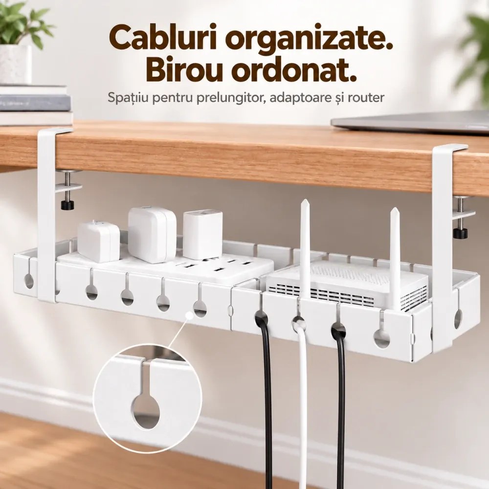 Organizator de cabluri sub birou, extensibil 43–74 cm, lățime 14 cm, prindere fără găurire, oțel carbon, Alb