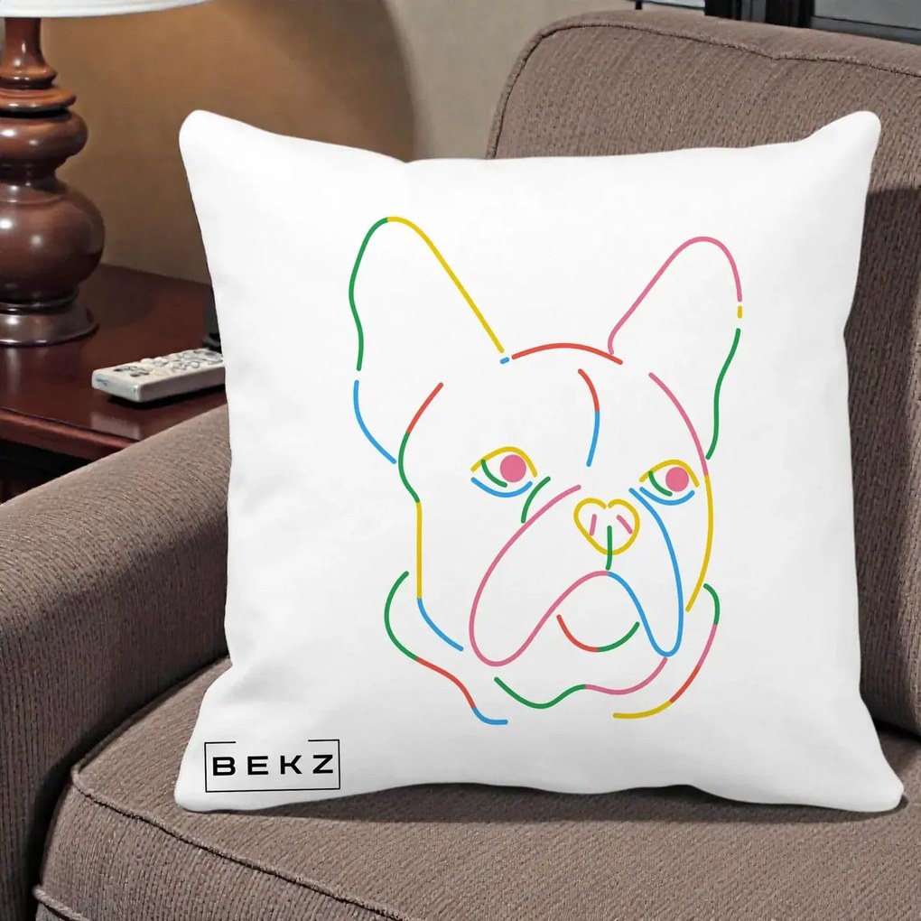 Perna Decorativa Bulldog Francez Line Art Curcubeu, 40x40 cm, Alba Mata, Husa Detasabila, Perna Inclusa, BEKZ®