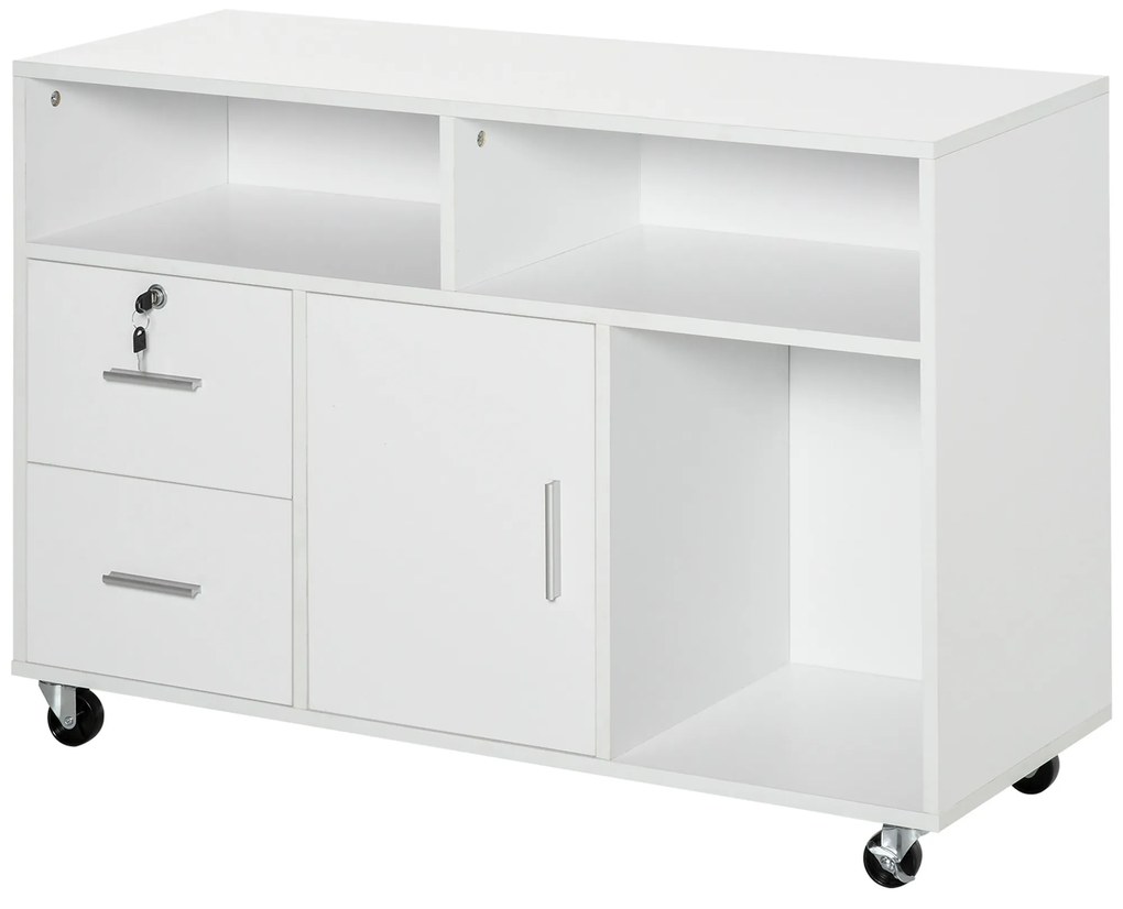 HOMCOM Suport pentru imprimantă cu 2 sertare mobilier de depozitare pe roți rafturi deschise și dulap, 100 x 35 x 65 cm, alb | Aosom Romania