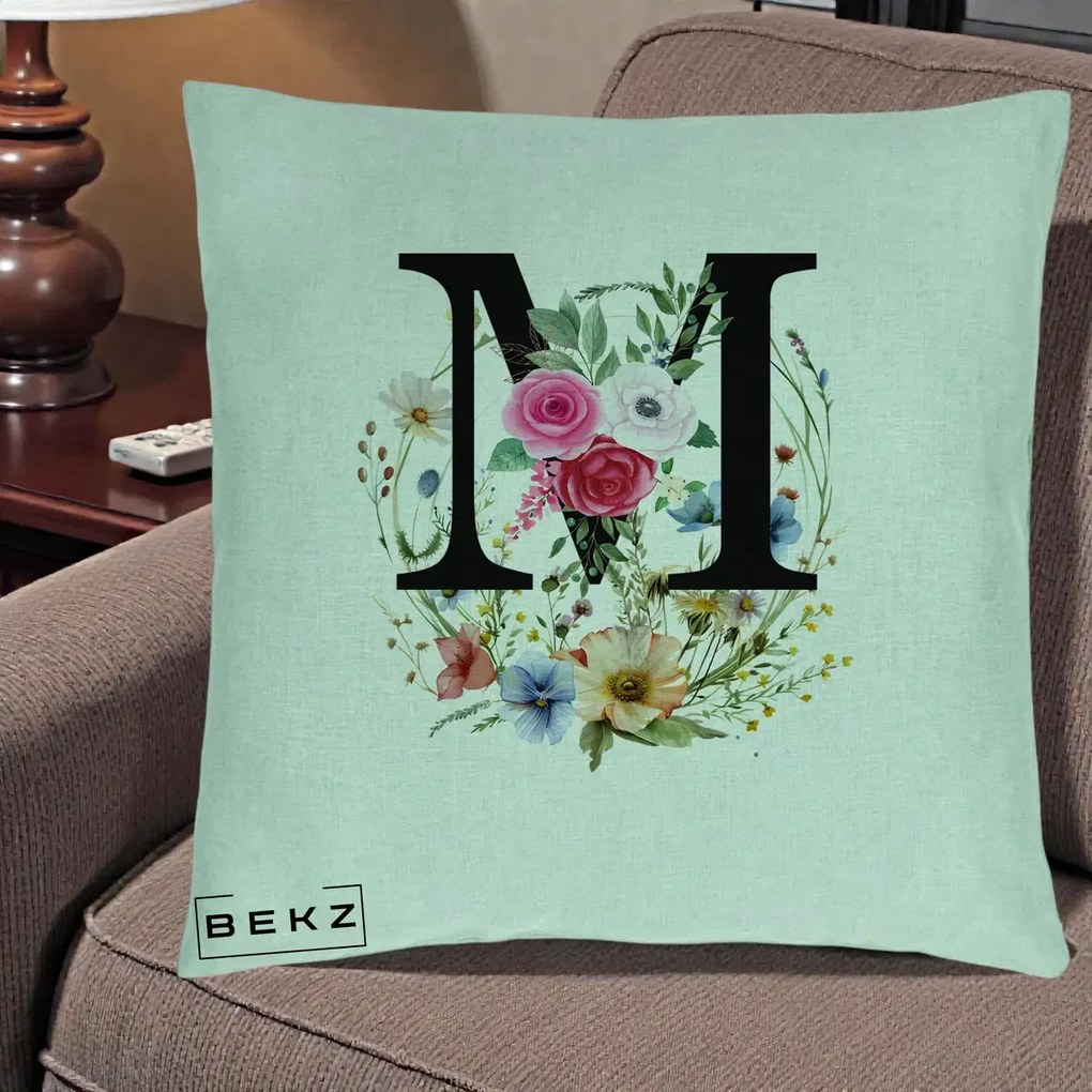Cadou Personalizat - Perna Personalizata Monogram Litera M cu Flori Acuarela, 40x40 cm, Verde Menta, Husa Detasabila, Perna Inclusa, BEKZ®