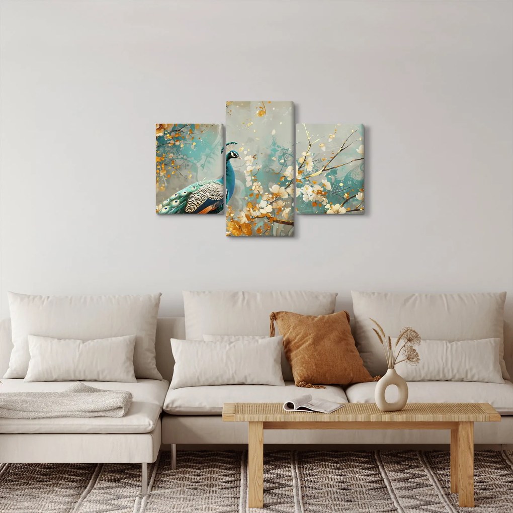 Tablou - Păun cu decor de aur (90x60 cm)