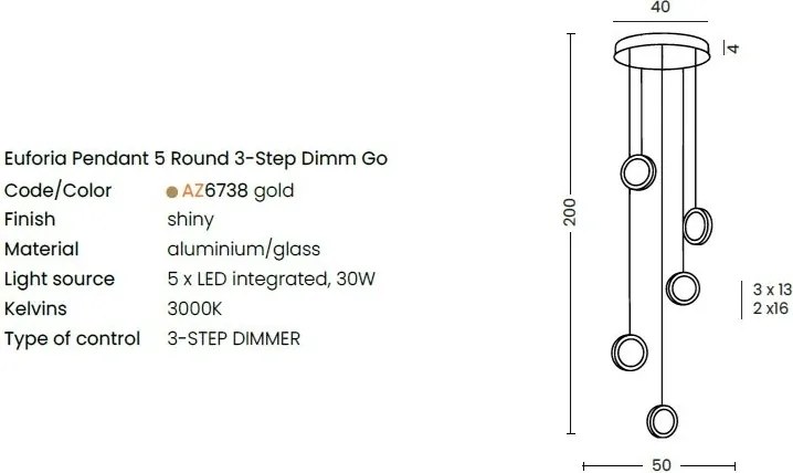 Lustra LED suspendata design decorativ EUFORIA 5 aurie 3-STEP DIMM