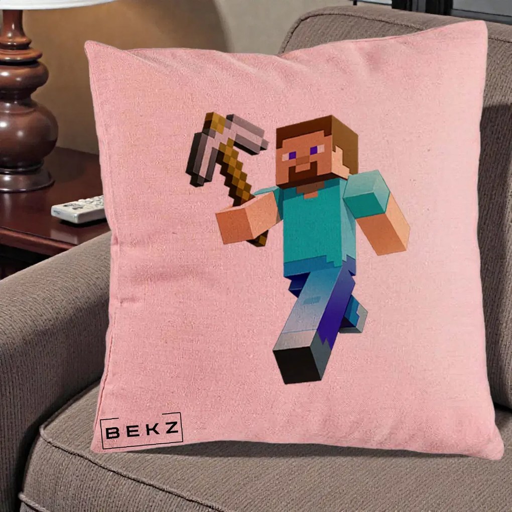 Perna Personalizata Minecraft Steve cu Tarnacop, 40x40 cm, Roz, Husa Detasabila, Perna Inclusa, BEKZ®