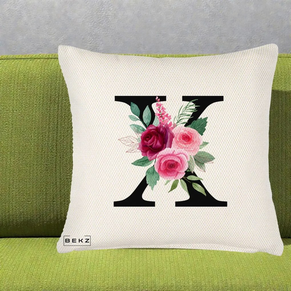 Cadou Personalizat - Perna Personalizata Monograma Florala Litera X cu Buchet, 40x40 cm, Crem Reliefat, Husa Detasabila, Perna Inclusa, BEKZ®