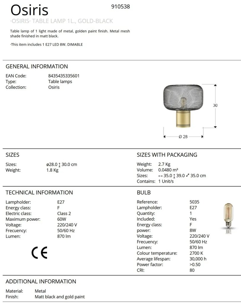 Veioza/Lampa de masa design decorativ modern Osiris auriu/negru