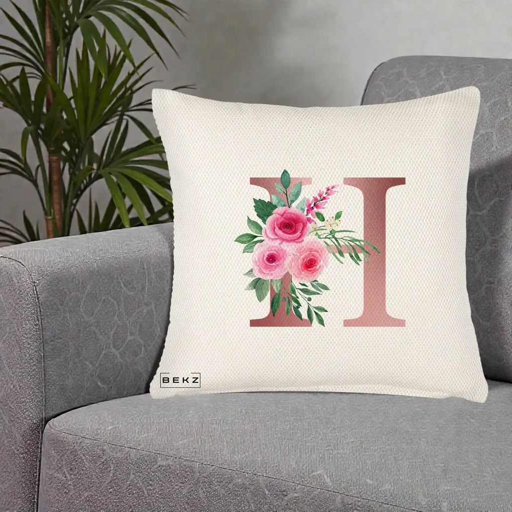 Cadou Personalizat - Perna Personalizata Monograma Rose Gold Litera H, 40x40 cm, Crem Reliefat, Husa Detasabila, Perna Inclusa, BEKZ®