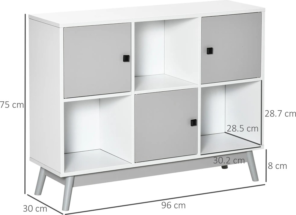 HOMCOM Bufet, mobilier de depozitare cu 3 uși și 3 compartimente deschise, picioare din lemn de pin, 96x30x75cm, alb și gri | Aosom Romania