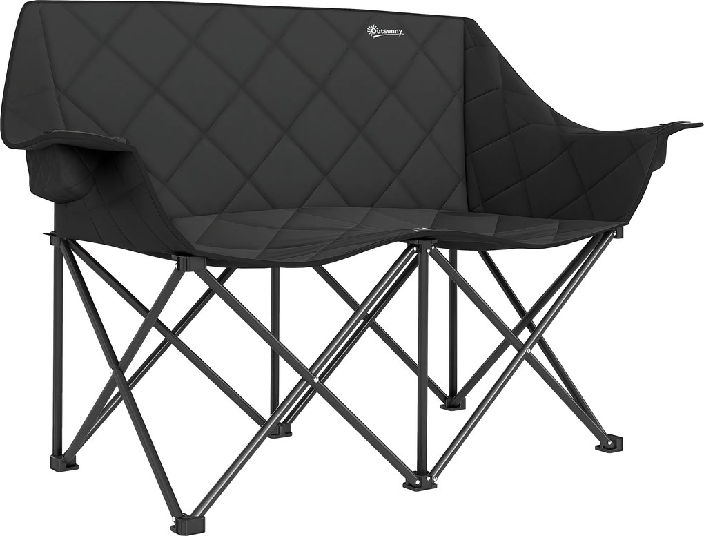 Outsunny Scaun pliabil 2 locuri, scaun de camping pliabil cu geantă de transport, outdoor, suportă până la 250 kg, 145 x 60 x 92 cm, Negru | Aosom Romania