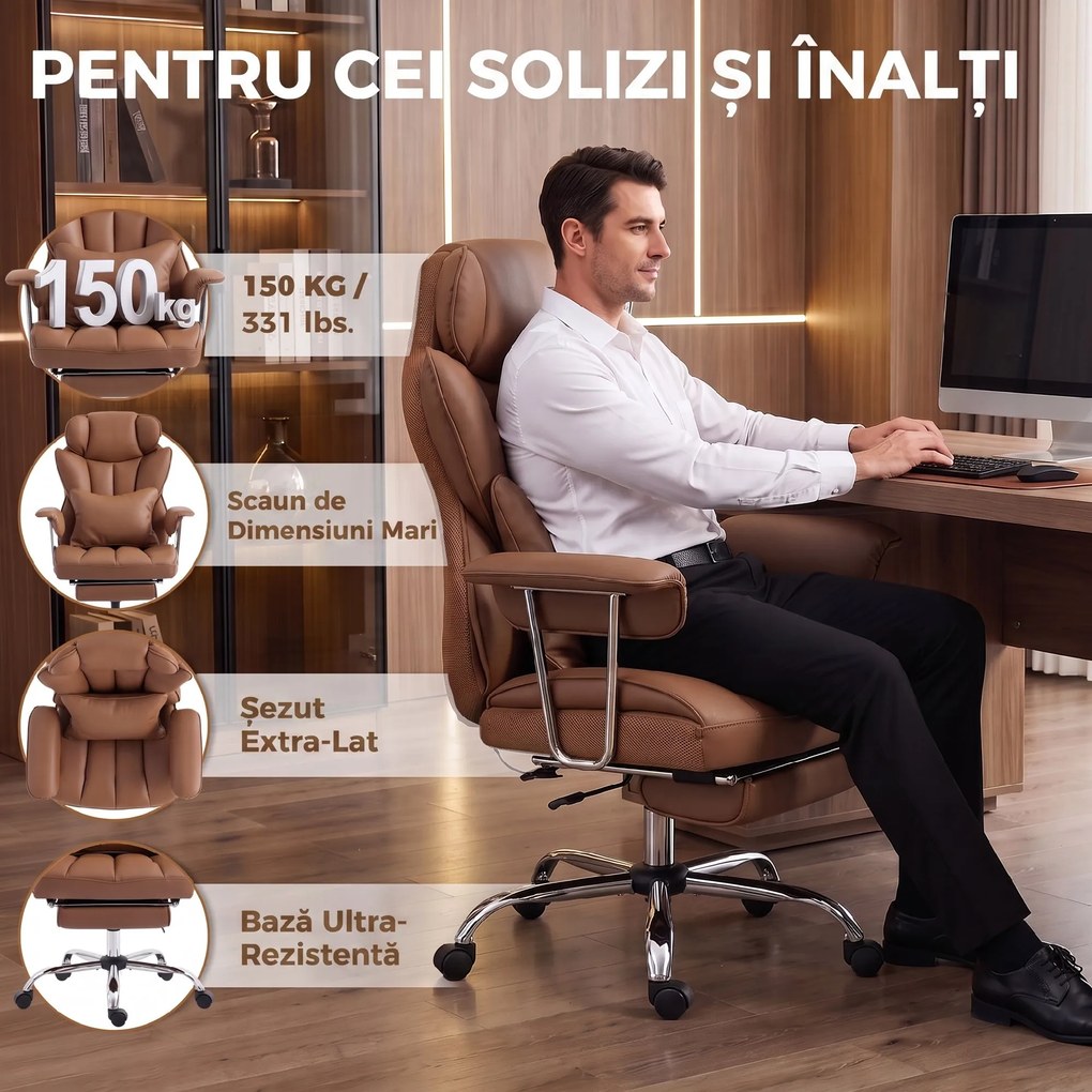 HOMCOM Scaun de Birou cu Masaj, 6 Puncte de Vibrație, Pernă Lombară, Reglabil pe Înălțime, Maro | Aosom Romania