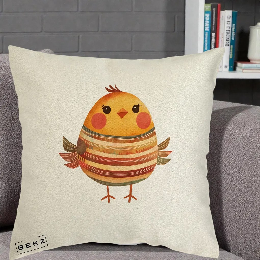 Perna Decorativa Pui Kawaii Portocaliu Dungi Calde, 40x40 cm, Ecru, Husa Detasabila, Perna Inclusa, BEKZ®