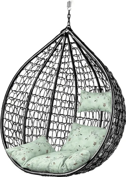 Scaun balansoar suspendat KOKON negru fara suport, perna verde deschis cu model