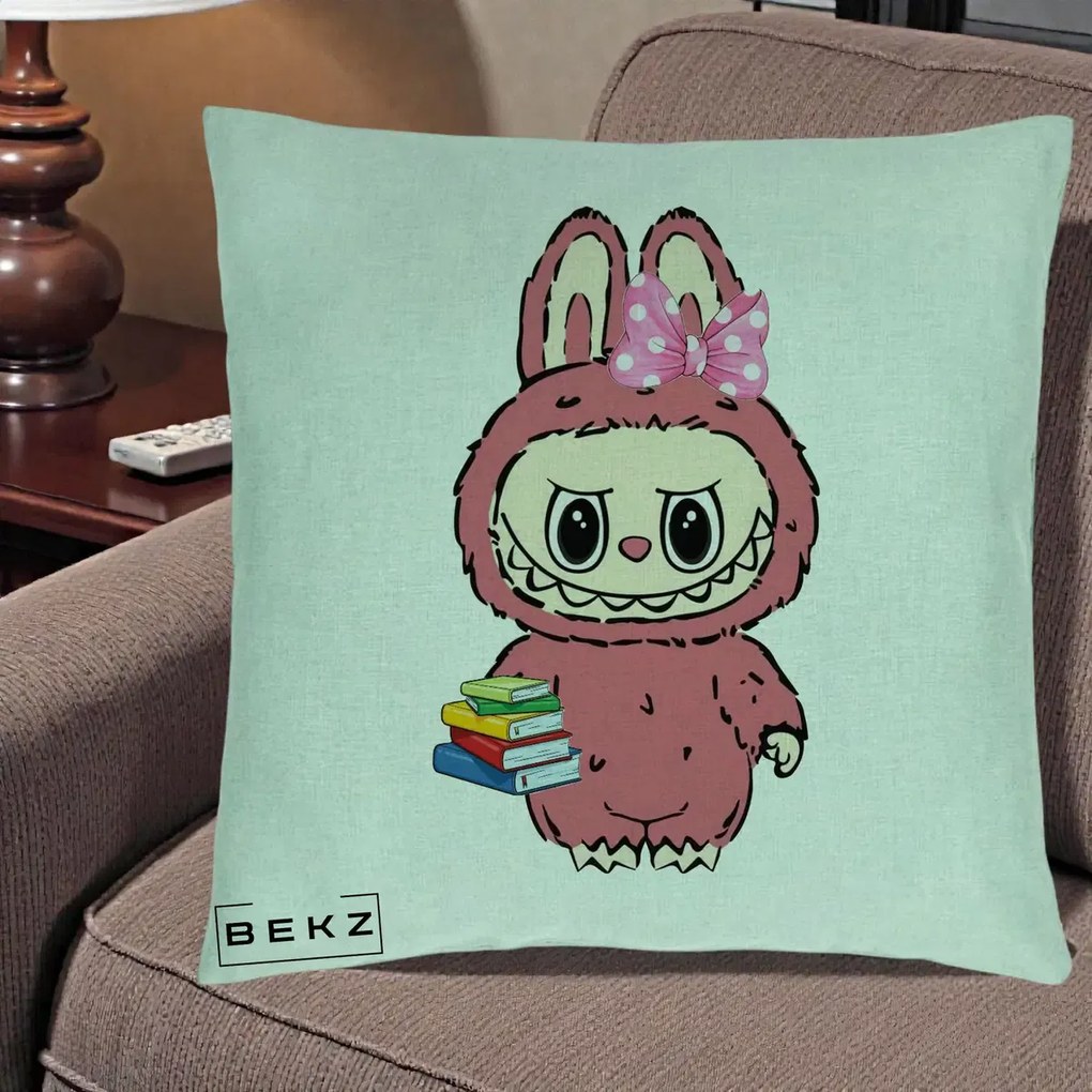 Perna Personalizata Labubu Roz cu Funda si Carti, 40x40 cm, Verde Menta, Husa Detasabila, Perna Inclusa, BEKZ®