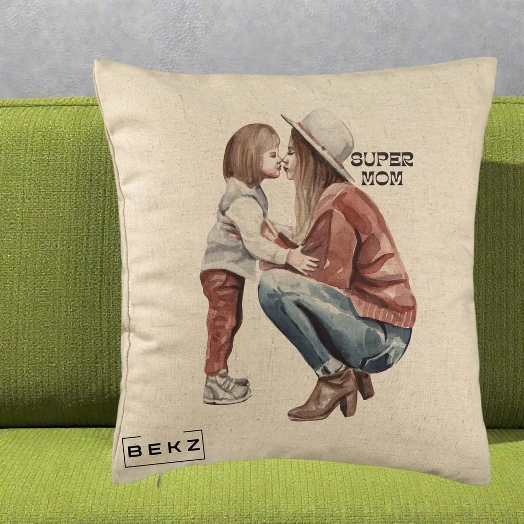 Cadou pentru Mama - Perna Personalizata Super Mom Acuarela, 40x40 cm, Bej, Husa Detasabila, Perna Inclusa, BEKZ®