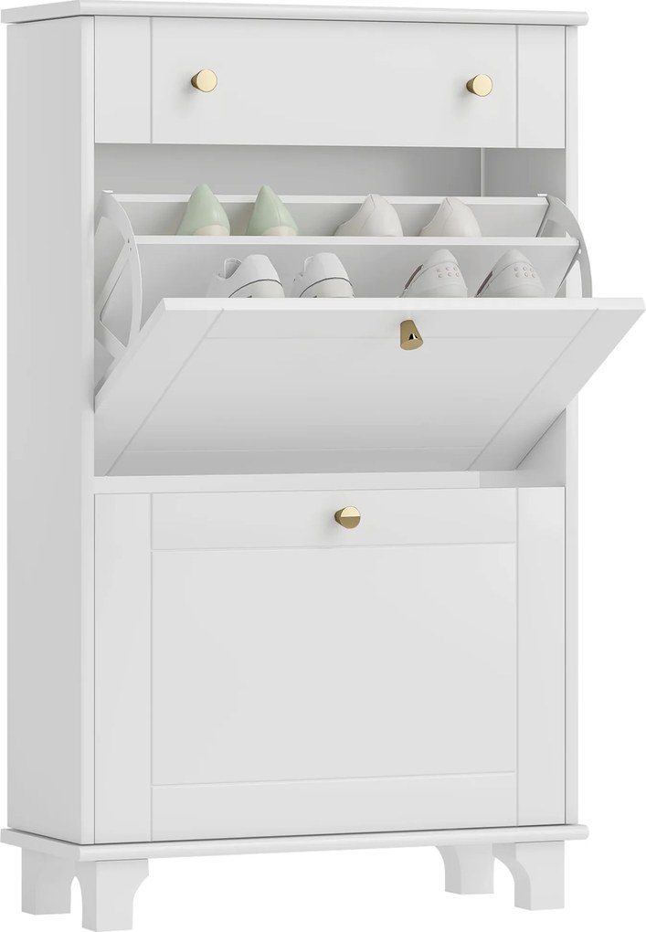 HOMCOM Dulap Pantofi Slim cu 2 Uși, Sertar, Rafturi Reglabile, 8 Perechi, MDF, PAL, 60 x 23,5 x 98,5 cm, Alb | Aosom Romania