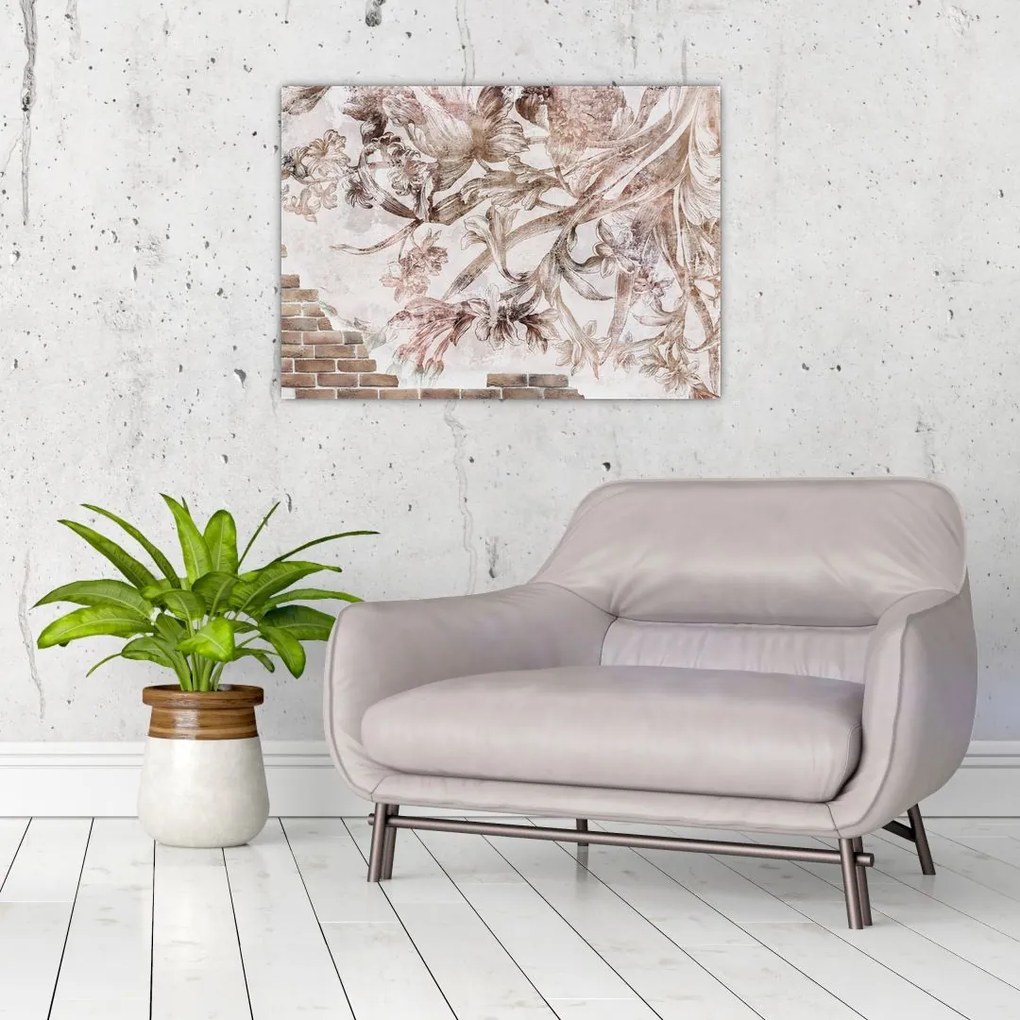 Tablou pe sticlă - Frescă florală pe un perete de cărămidă (70x50 cm)