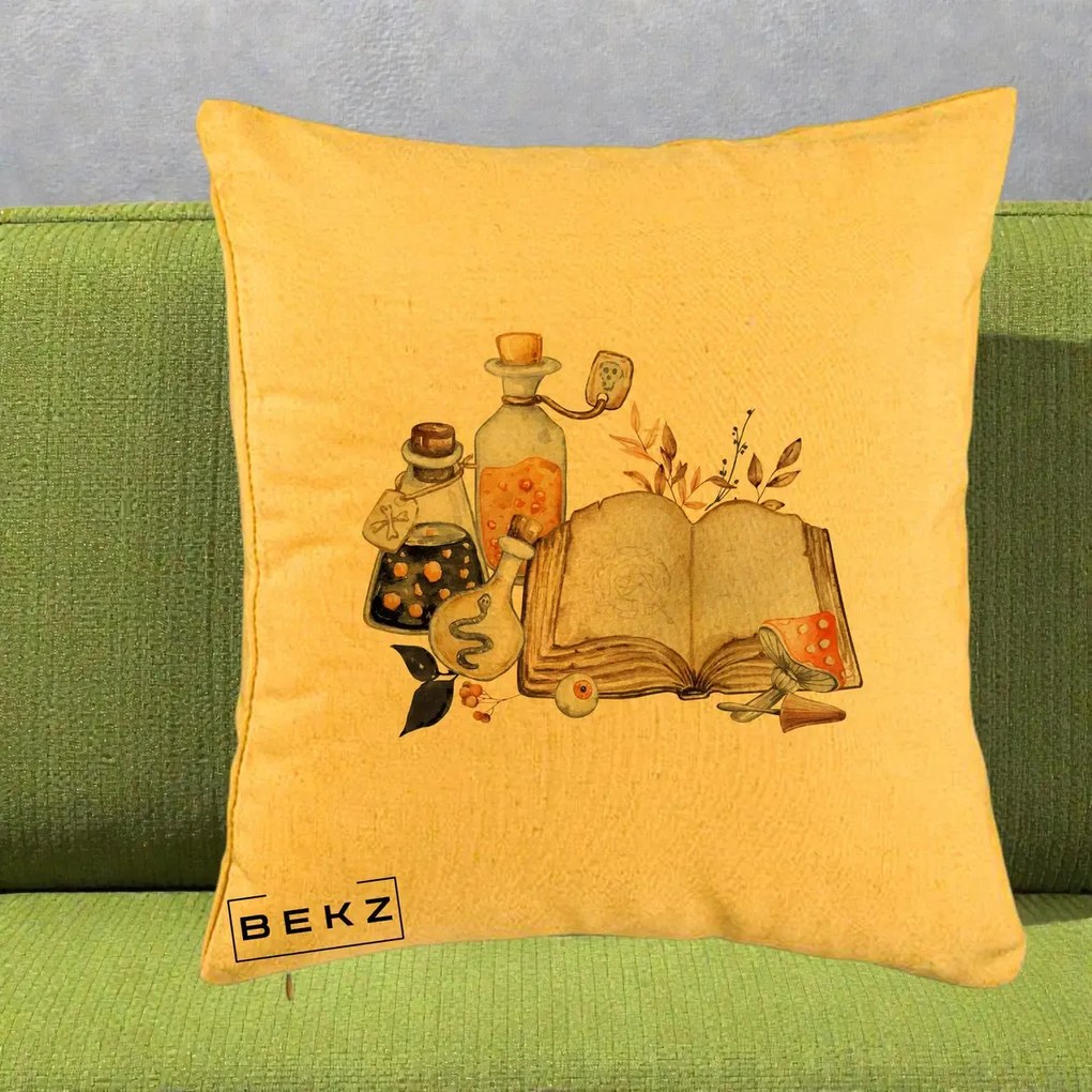 Perna Decorativa Grimoire Vrajitoare si Filtre Magice Halloween, 40x40 cm, Galben, Husa Detasabila, Perna Inclusa, BEKZ®