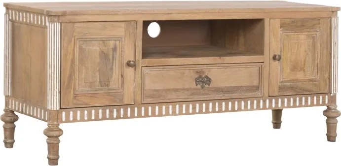 Comodă TV din lemn masiv de mango, finisaj natural maro, 2 uși, 1 sertar și nișă deschisă, 133 x 42 x 55 cm, „Classic"