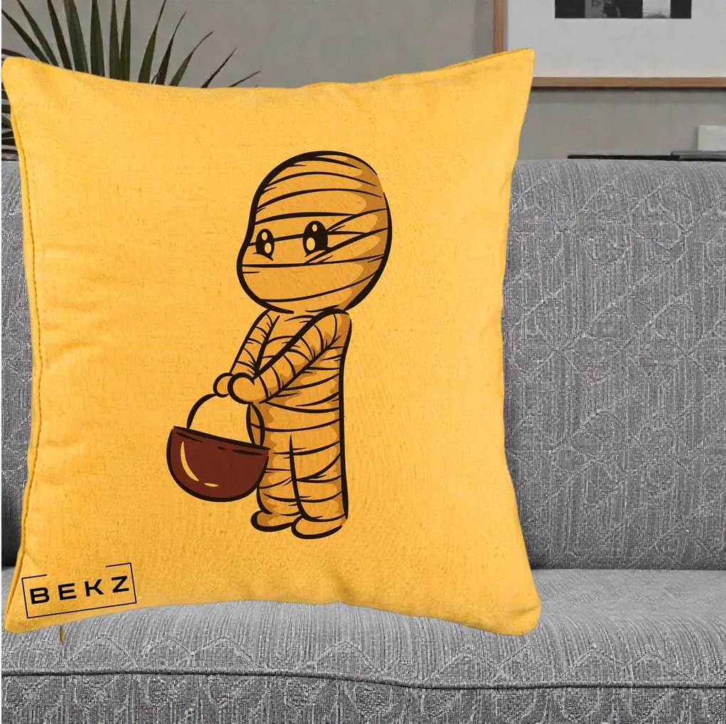 Perna Decorativa Halloween Mummy Kawaii cu Cos, 40x40 cm, Galben, Husa Detasabila, Perna Inclusa, BEKZ®