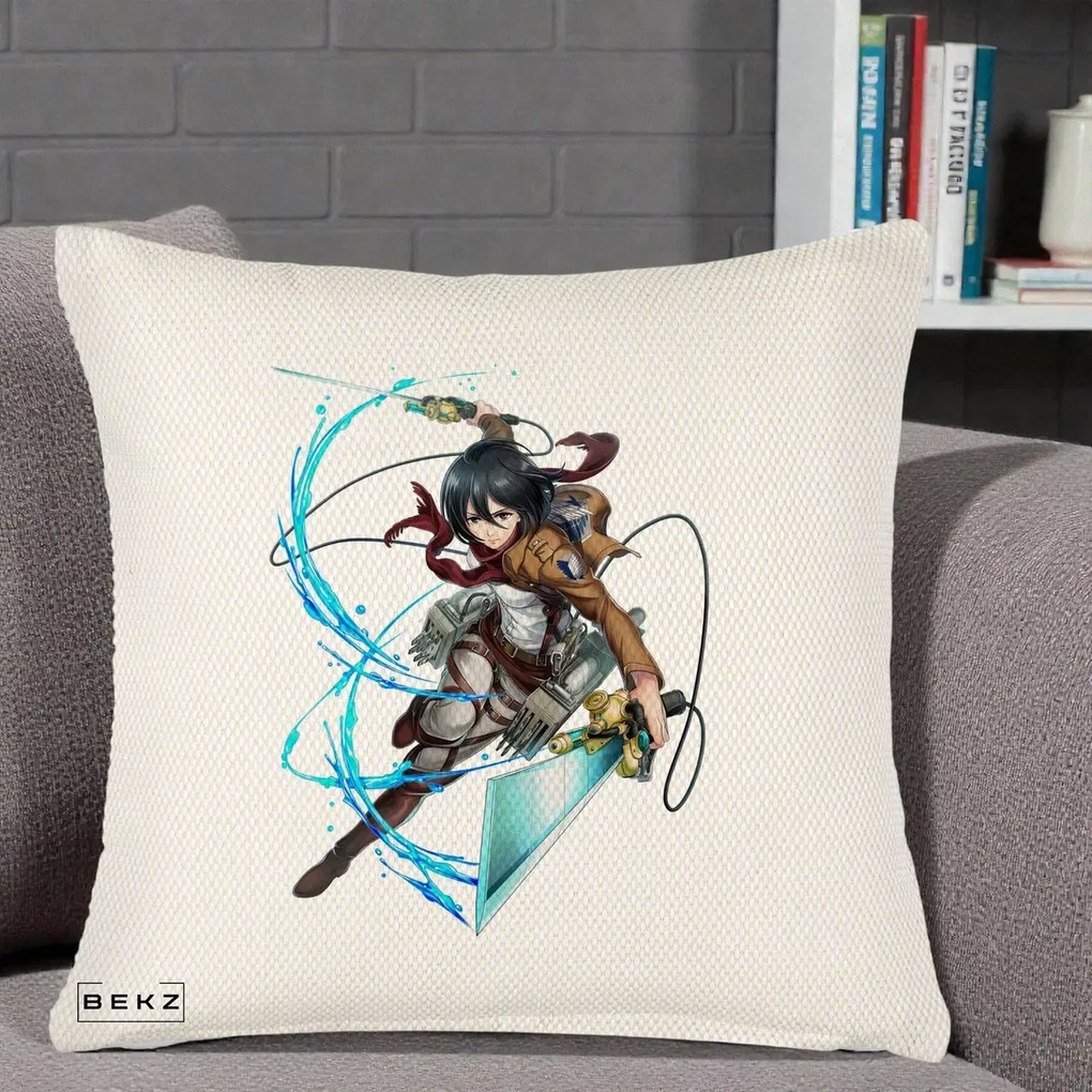 Perna Personalizata Attack on Titan Mikasa Ackerman Lupta, 40x40 cm, Crem Reliefat, Husa Detasabila, Perna Inclusa, BEKZ®